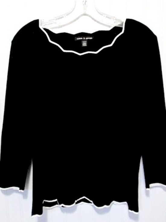 Black Knit Sweater with Scalloped White Edging, Size M - Picture 1 of 5